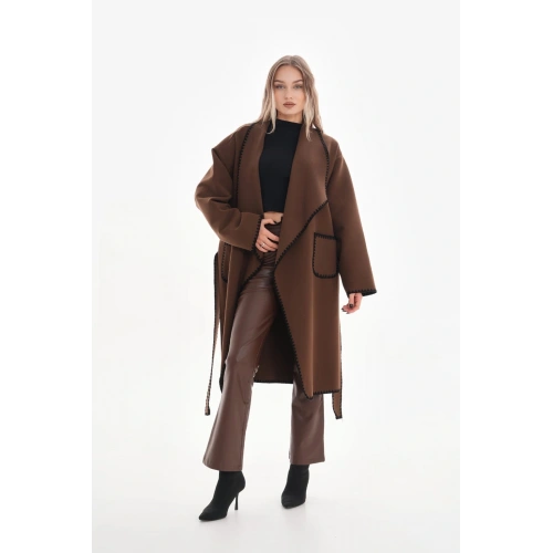 Kadın Kahverengi Kuşaklı Kaşe Kaban