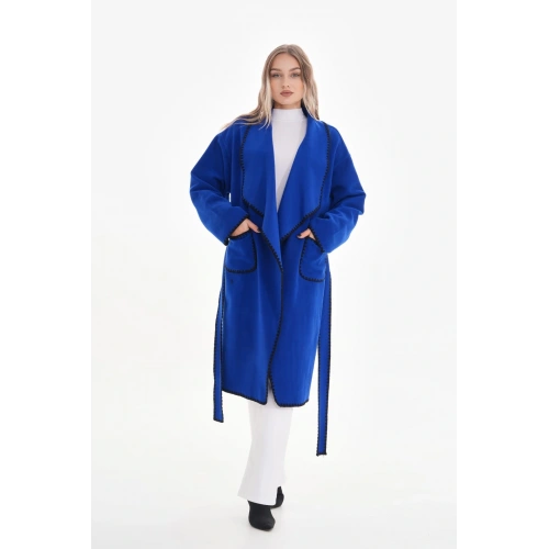 Kadın Saks Mavi Kuşaklı Kaşe Kaban