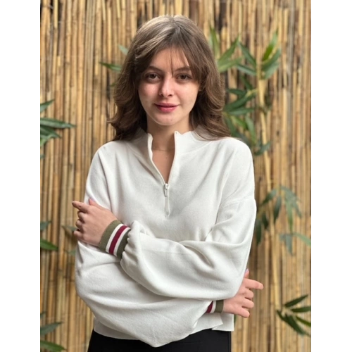 Kadın Kırık Beyaz Fermuar Detaylı Triko