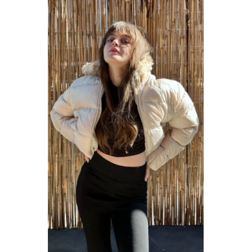 Kadın Krem Kapşonlu Şişme Mont