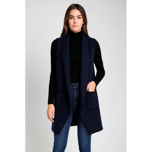 Kadın Lacivert Cepli Kaşe Yelek