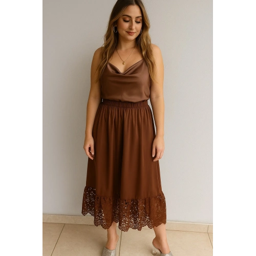 Kadın Kahverengi Güpür Detaylı Midi Boy Etek