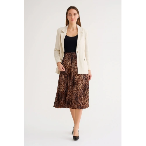 Kadın Leopar Pileli Midi Boy Etek