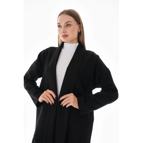 Kadın Oversıze Siyah Kaşe Kaban