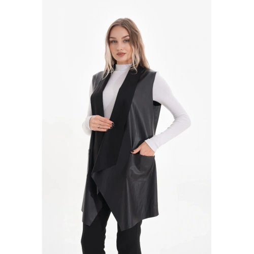 Kadın Siyah Deri Detaylı Yelek