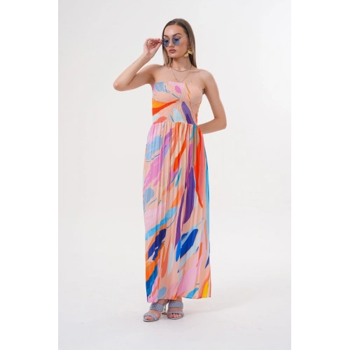 Kadın Renkli Straplez Yaka Yazlık Elbise