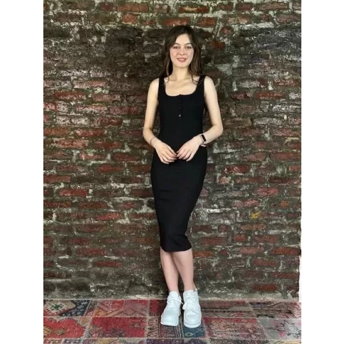 Kadın Siyah Kalın Askılı Triko Elbise