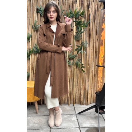 Kadın Taba Kuşaklı Süet Trençkot