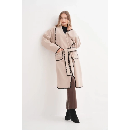 Kadın Bej Kuşaklı Kaşe Kaban