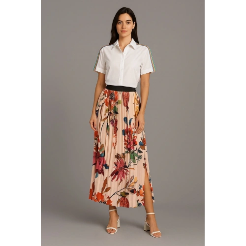 Kadın Çok Renkli Pileli Uzun Etek