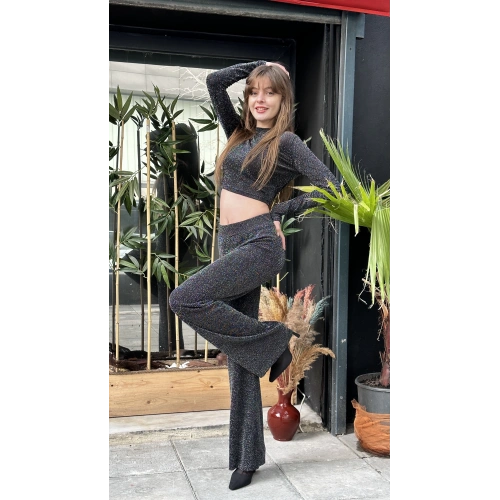 Kadın Siyah Sırtı Açık Simli İkili Takım