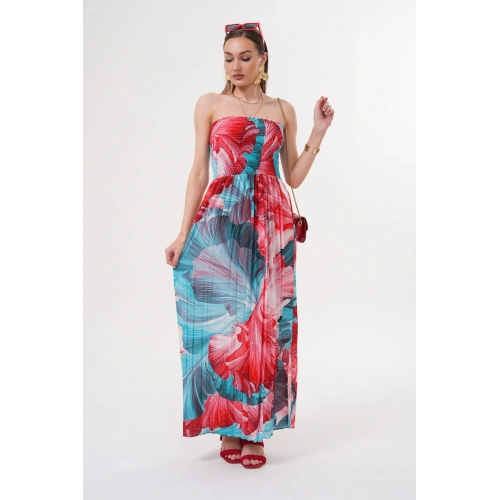 Kadın Mavi- Kırmızı Straplez Yaka Yazlık Elbise