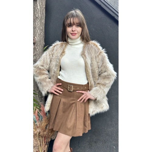 Kadın Taba Süet Görünümlü Kemerli Etek