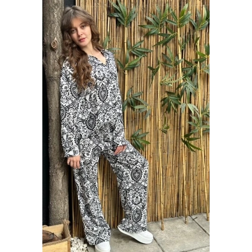 Kadın Siyah Beyaz Desenli Tunik Takım