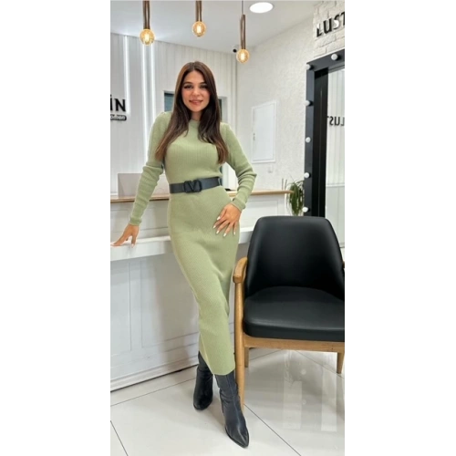 Kadın Mint Yeşil Uzun Bisiklet Yaka Triko Elbise