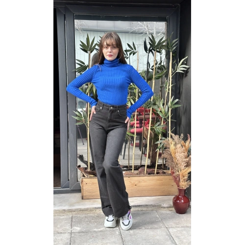 Kadın Saks Mavi Boğazlı Kazak