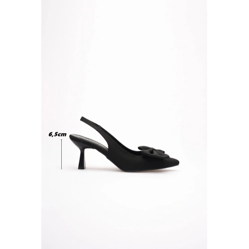 Siyah Fiyonklu Kitten Topuklu Slingback Kadın Ayakkabı TR08MS24A