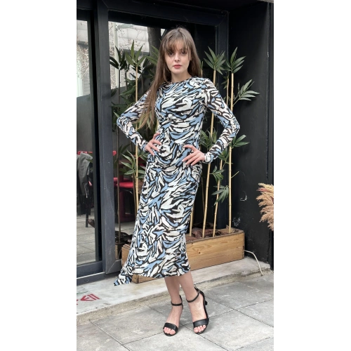 Kadın Mavi Yırtmaç Detaylı Desenli Elbise