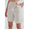 Kadın Keten Bej Çizgili Şort