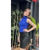 Kadın Saks Mavi Boğazlı Sıfır Kol Kazak