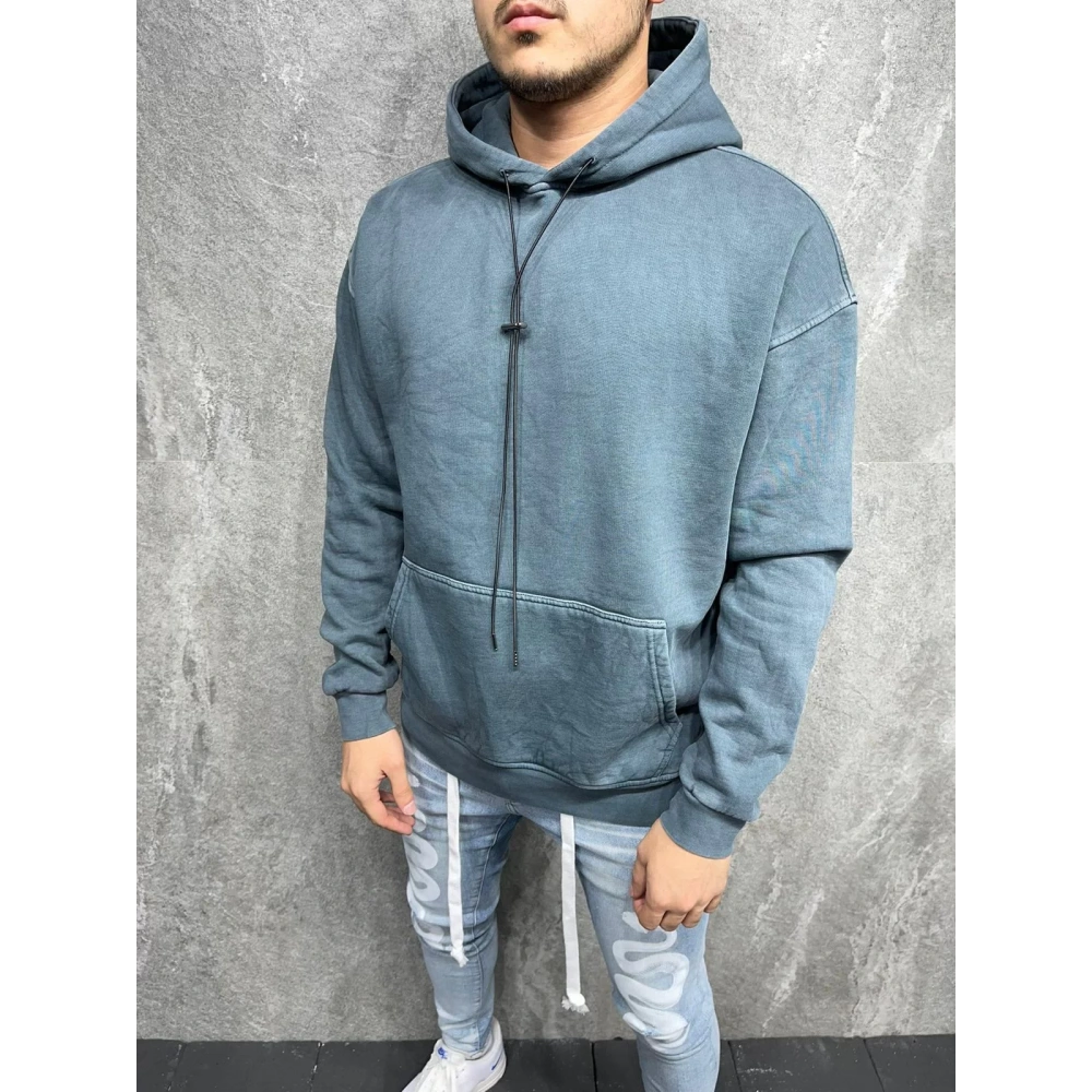 Erkek Mavi Trend Kapüşonlu Sweatshirt