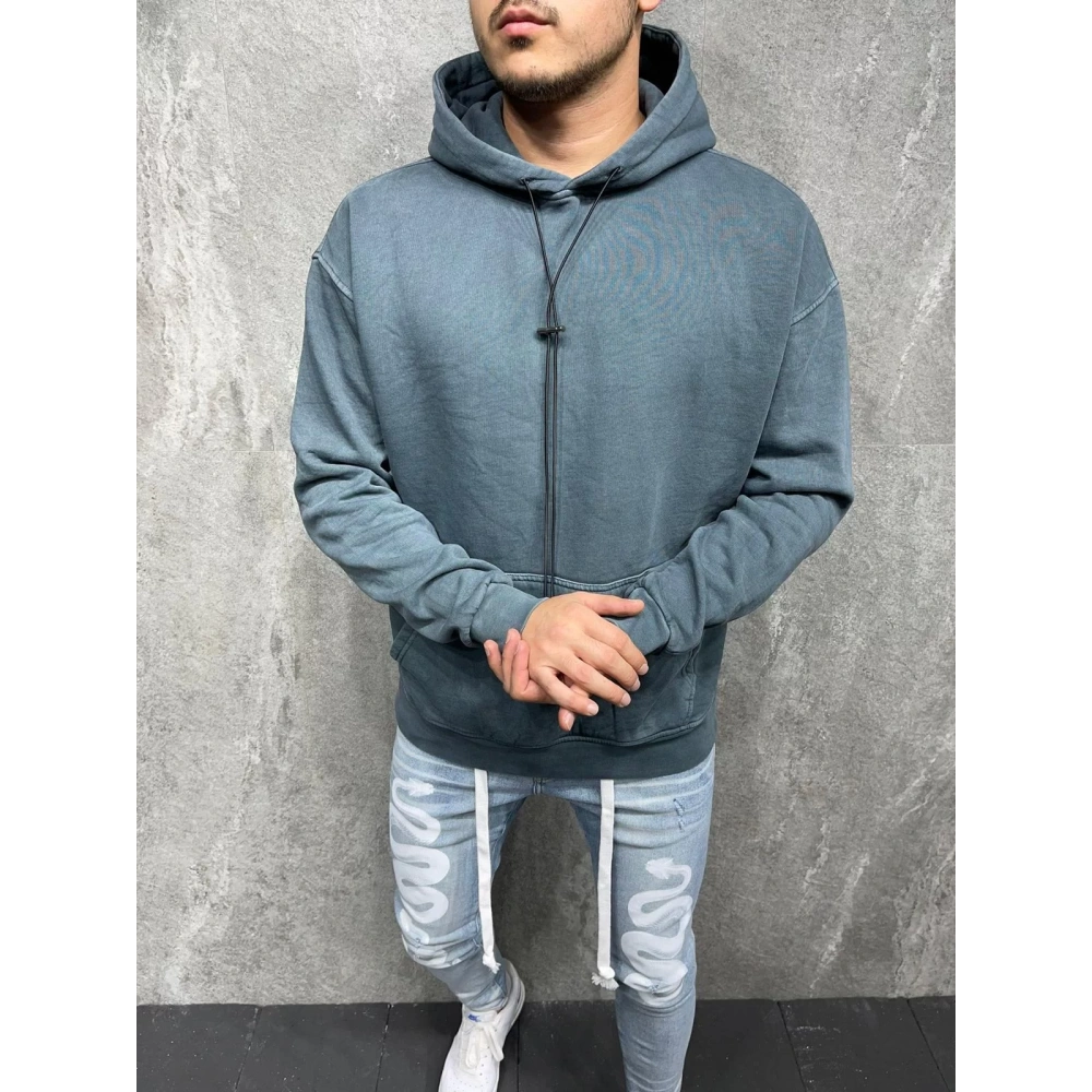 Erkek Mavi Trend Kapüşonlu Sweatshirt