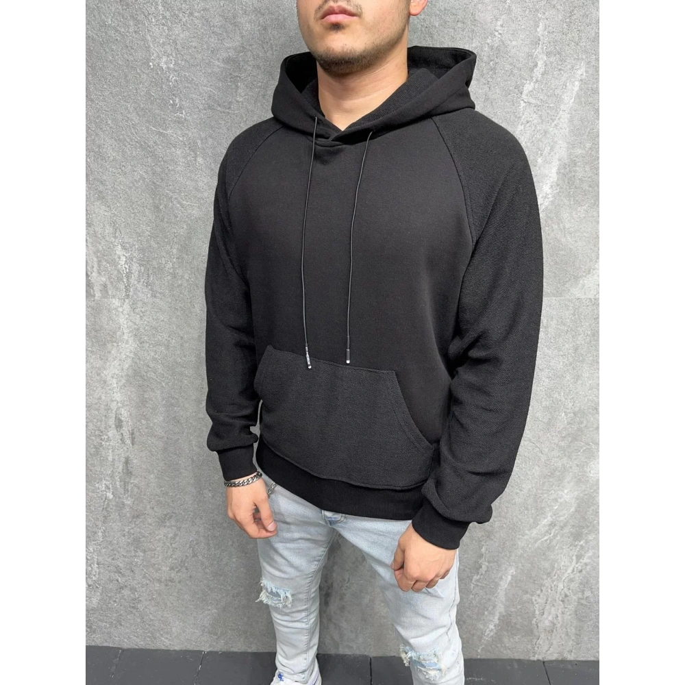 Erkek Siyah Cep Detaylı Trend Kapüşonlu Sweatshirt