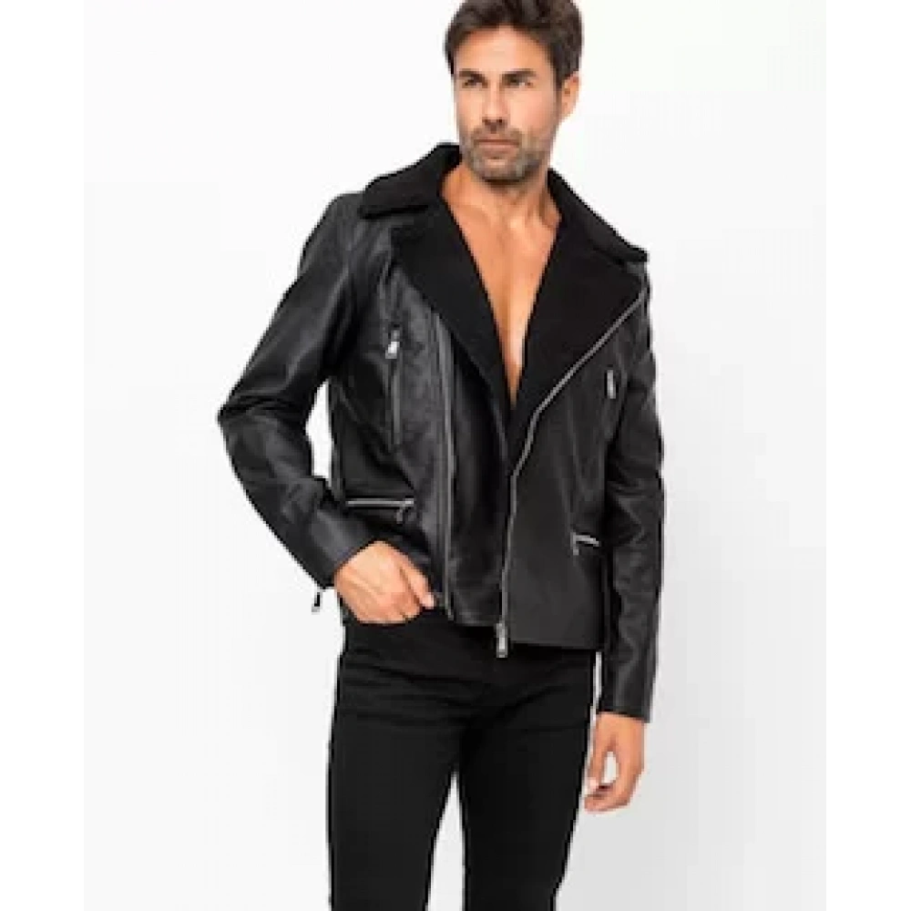 Erkek Siyah Kürk Detaylı Deri Ceket