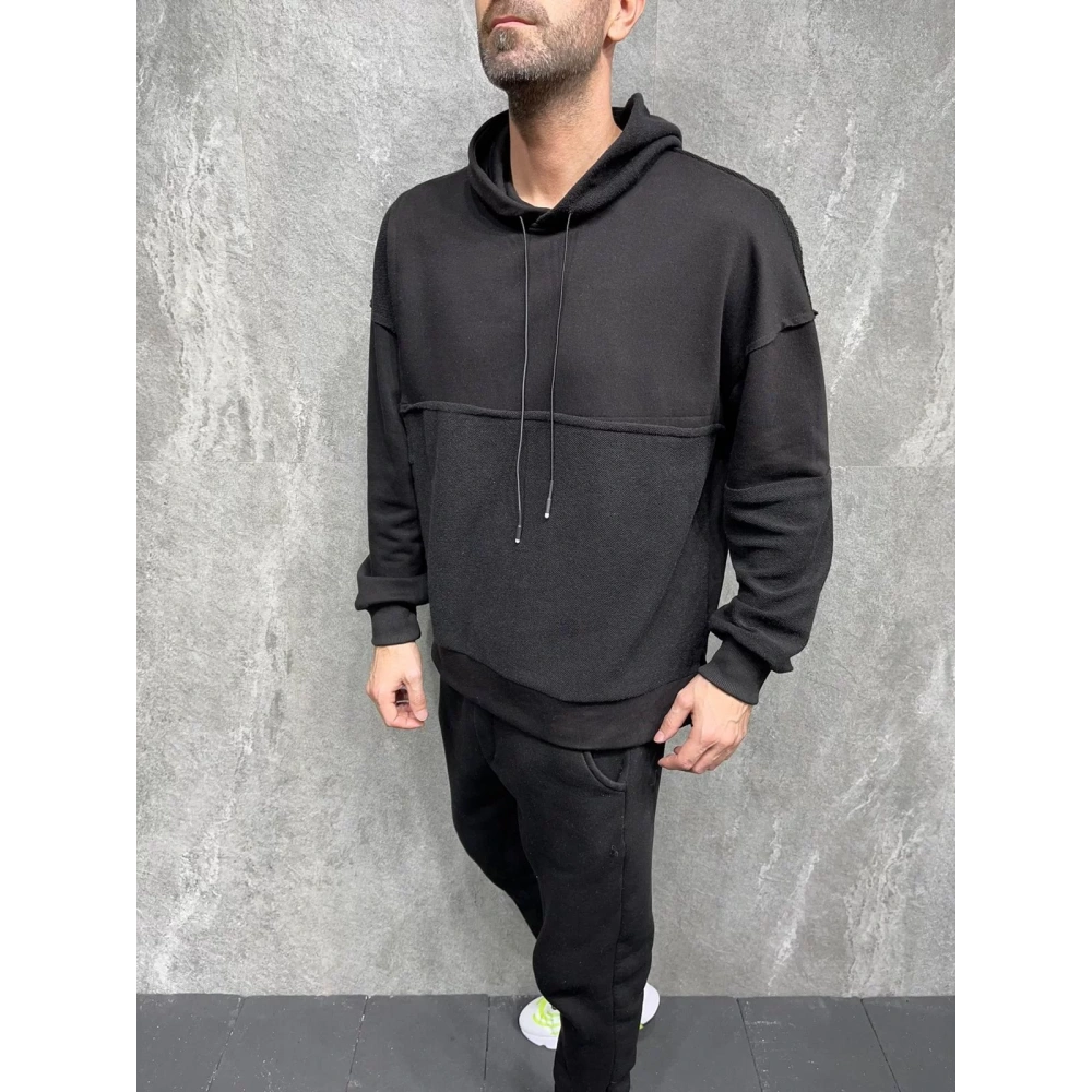 Erkek Siyah Trend Kapüşonlu Sweatshirt