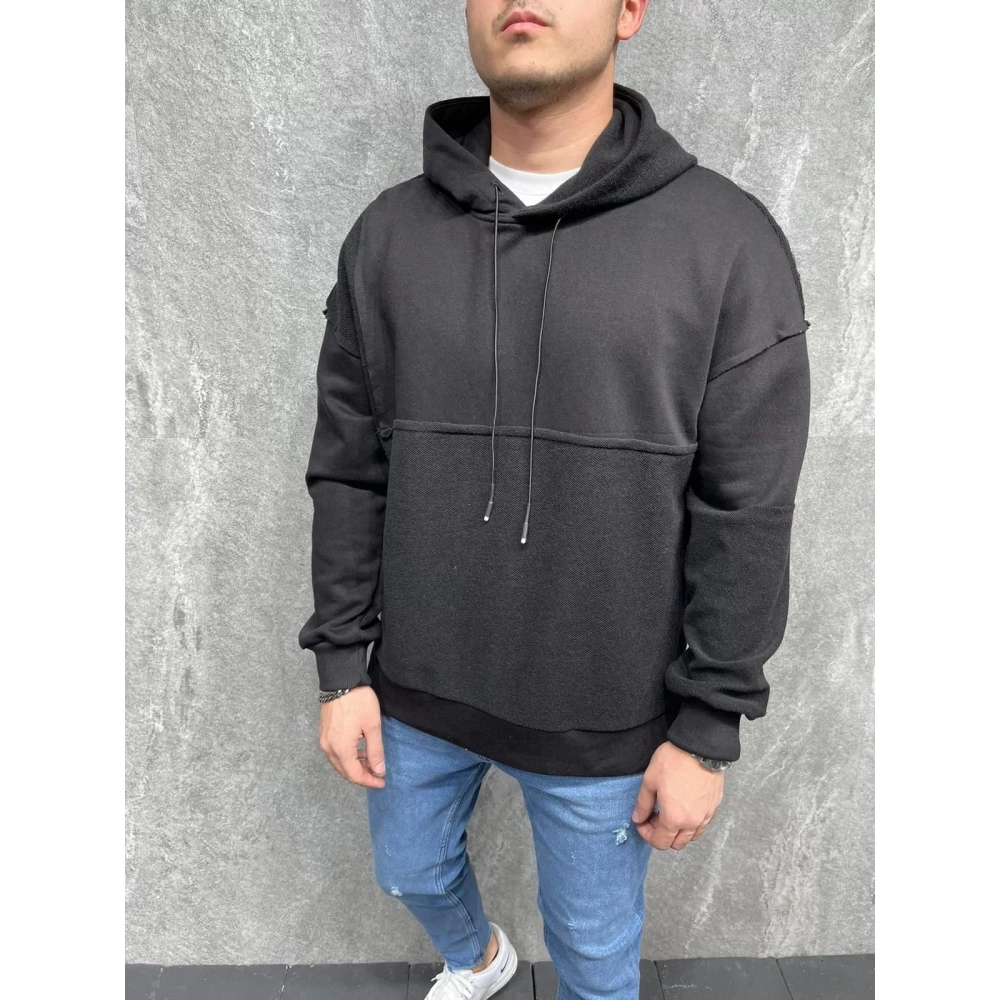 Erkek Siyah Trend Kapüşonlu Sweatshirt