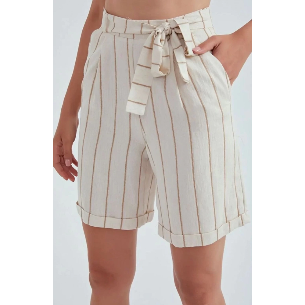 Kadın Keten Bej Çizgili Şort