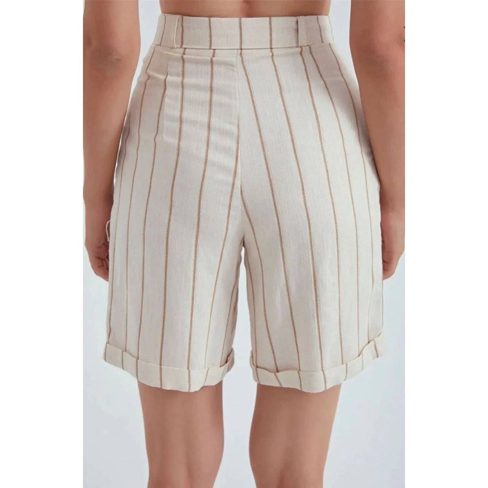 Kadın Keten Bej Çizgili Şort