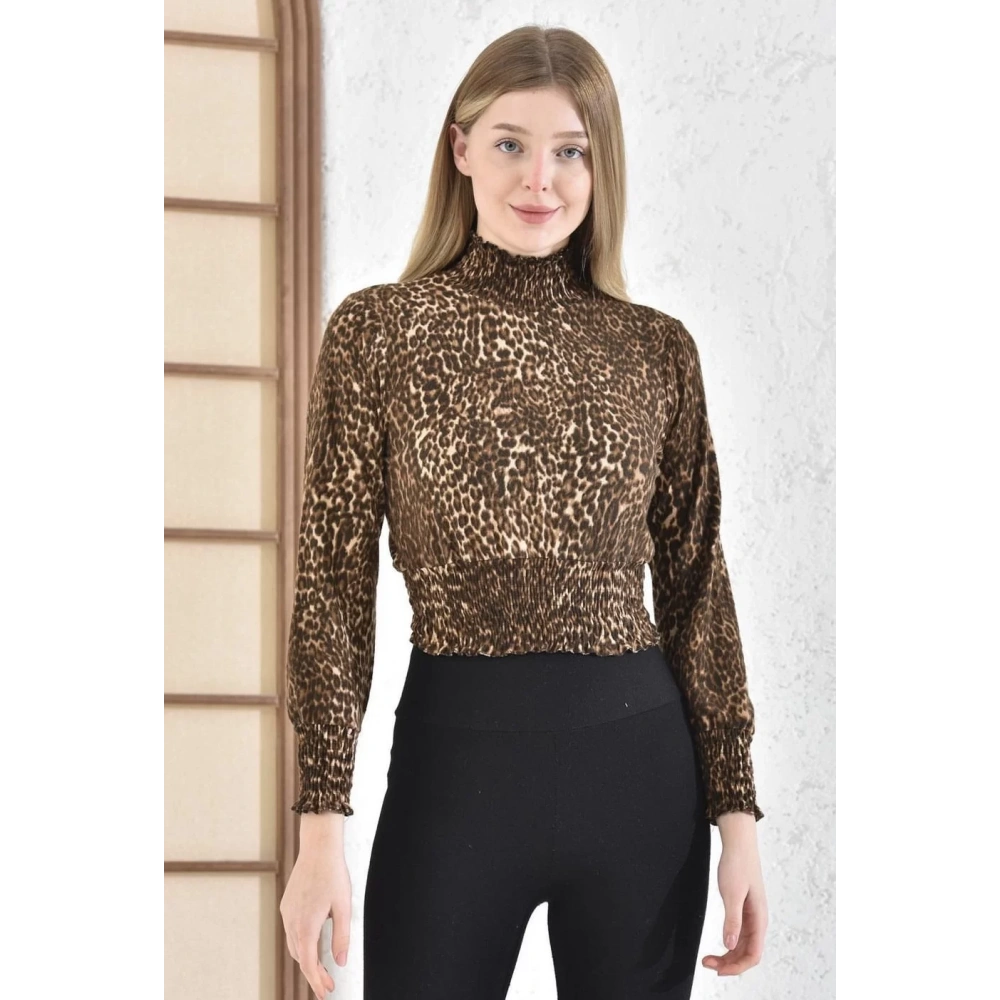 Kadın Leopar Desenli Süet Bluz