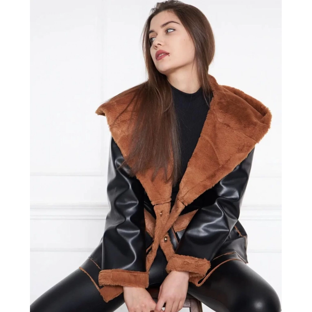 Kadın Şal Yaka Kapüşonlu Kahverengi Kürklü Siyah Kaban
