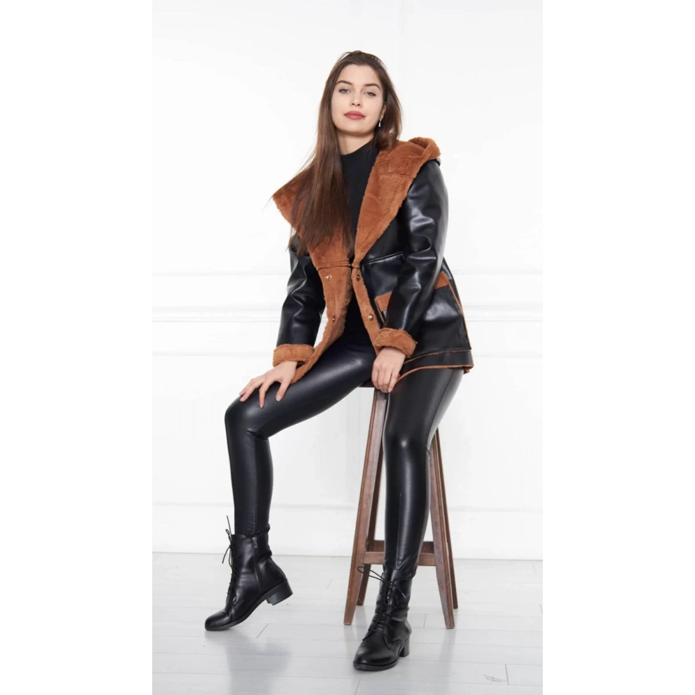 Kadın Şal Yaka Kapüşonlu Kahverengi Kürklü Siyah Kaban