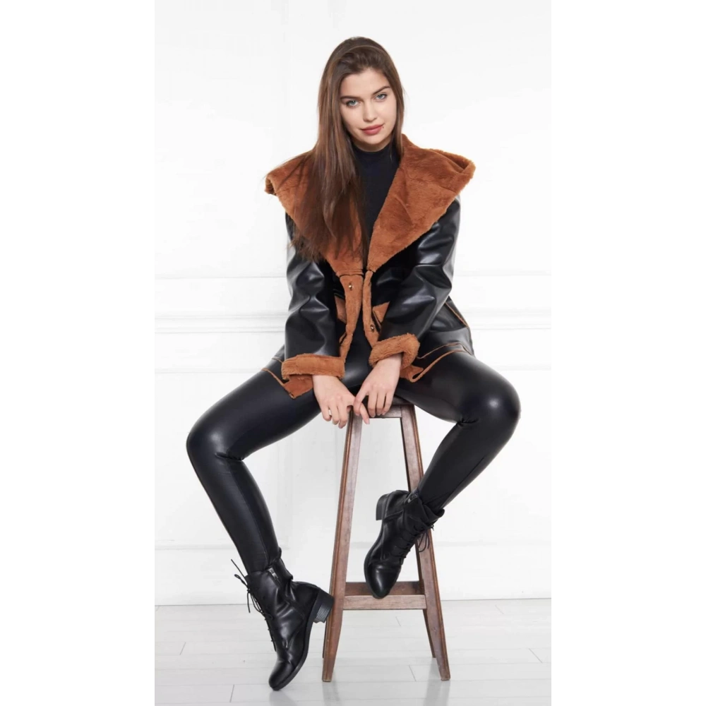 Kadın Şal Yaka Kapüşonlu Kahverengi Kürklü Siyah Kaban