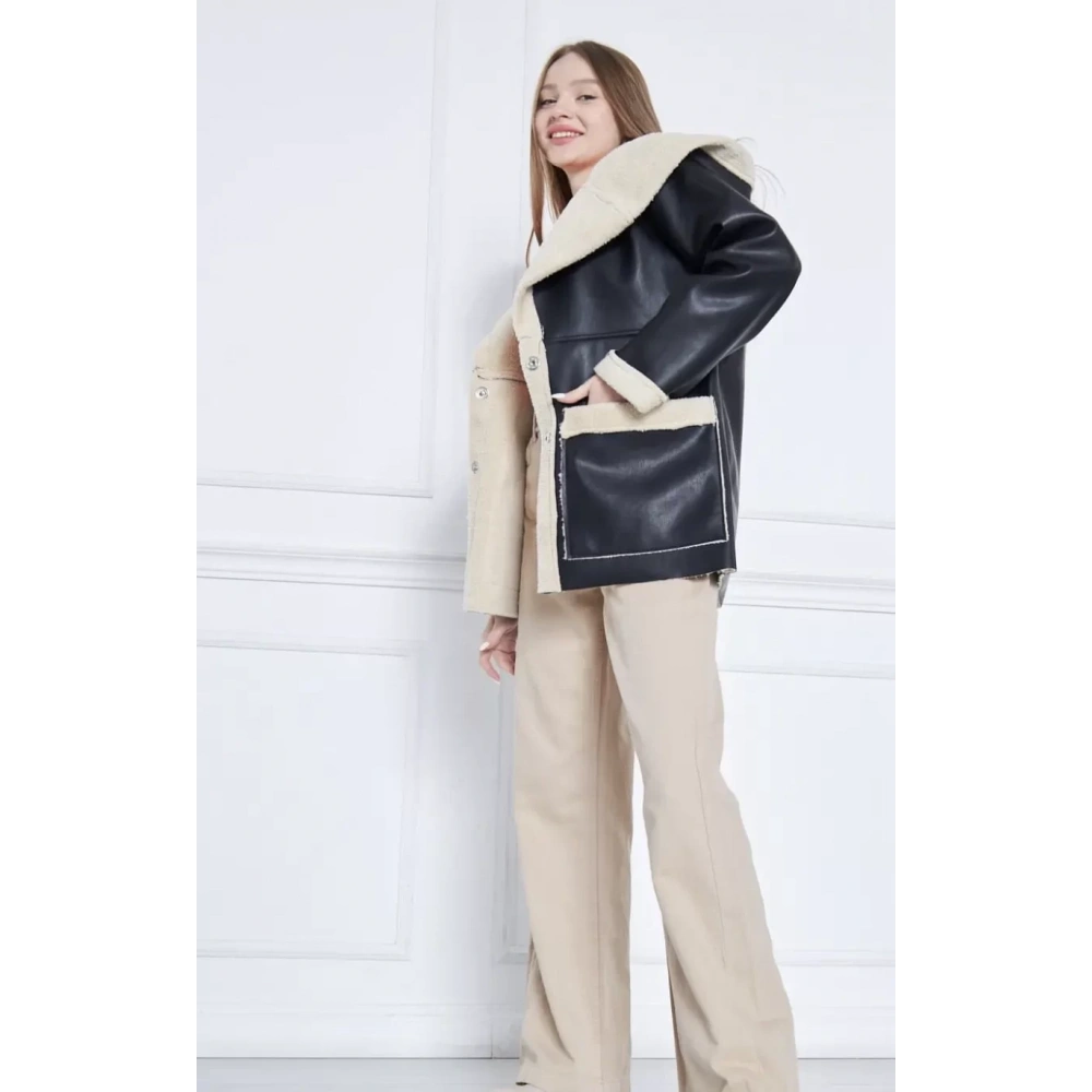 Kadın Şal Yaka Kapüşonlu Krem Kürklü Siyah Kaban