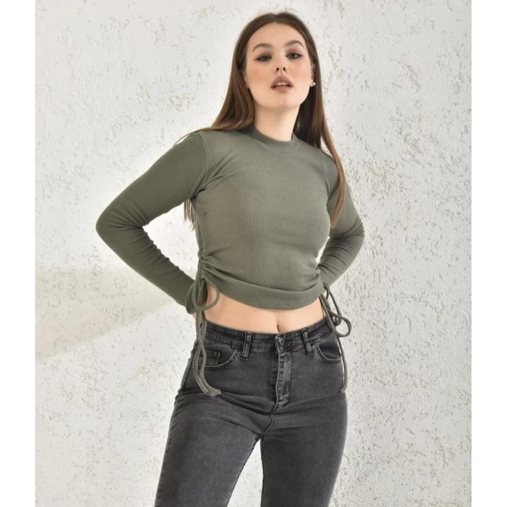 Kadın Yandan Büzgülü Haki Triko Crop