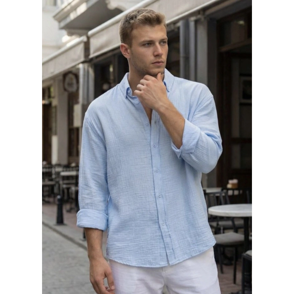 Erkek Açık Mavi Keten Gömlek