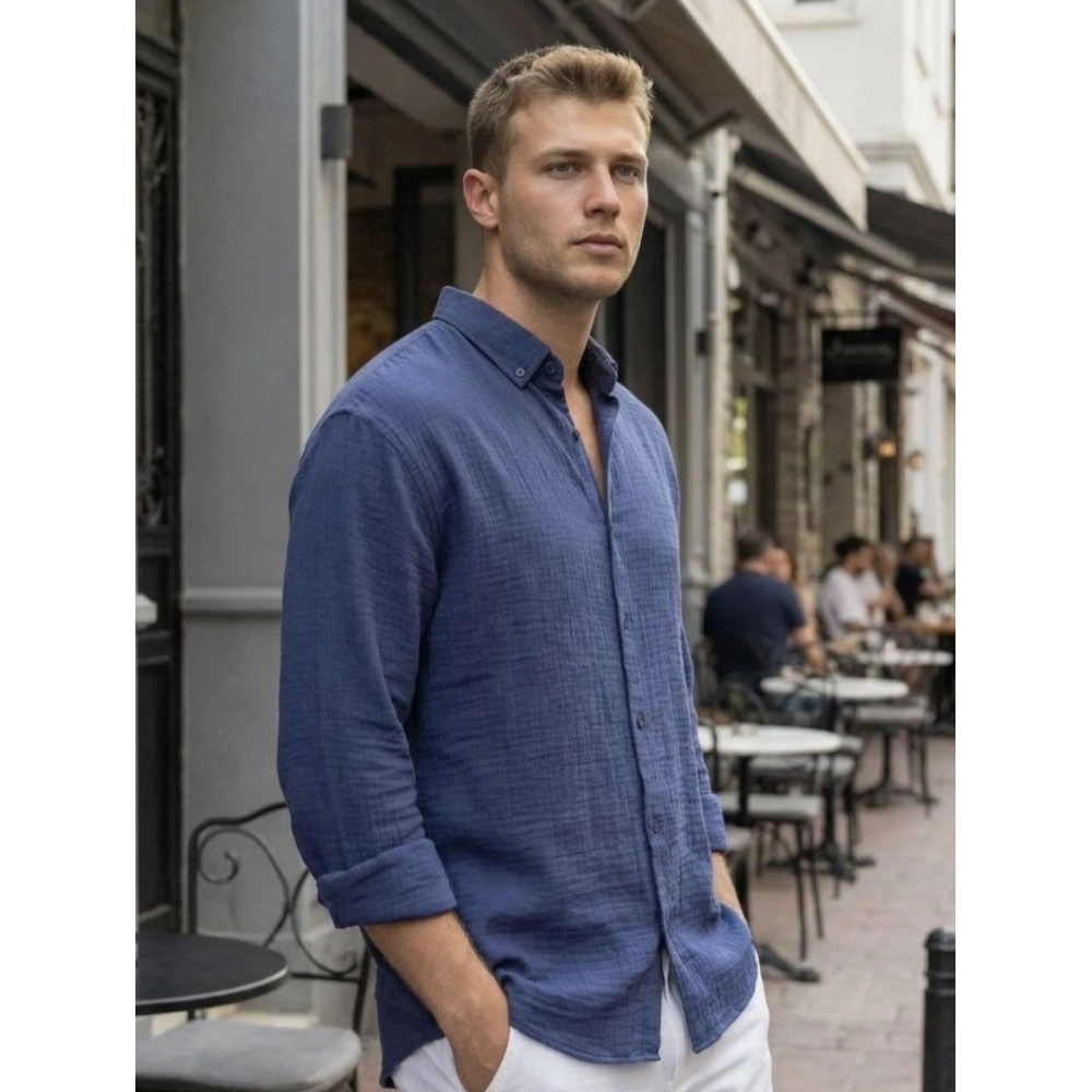 Erkek Lacivert Keten Gömlek