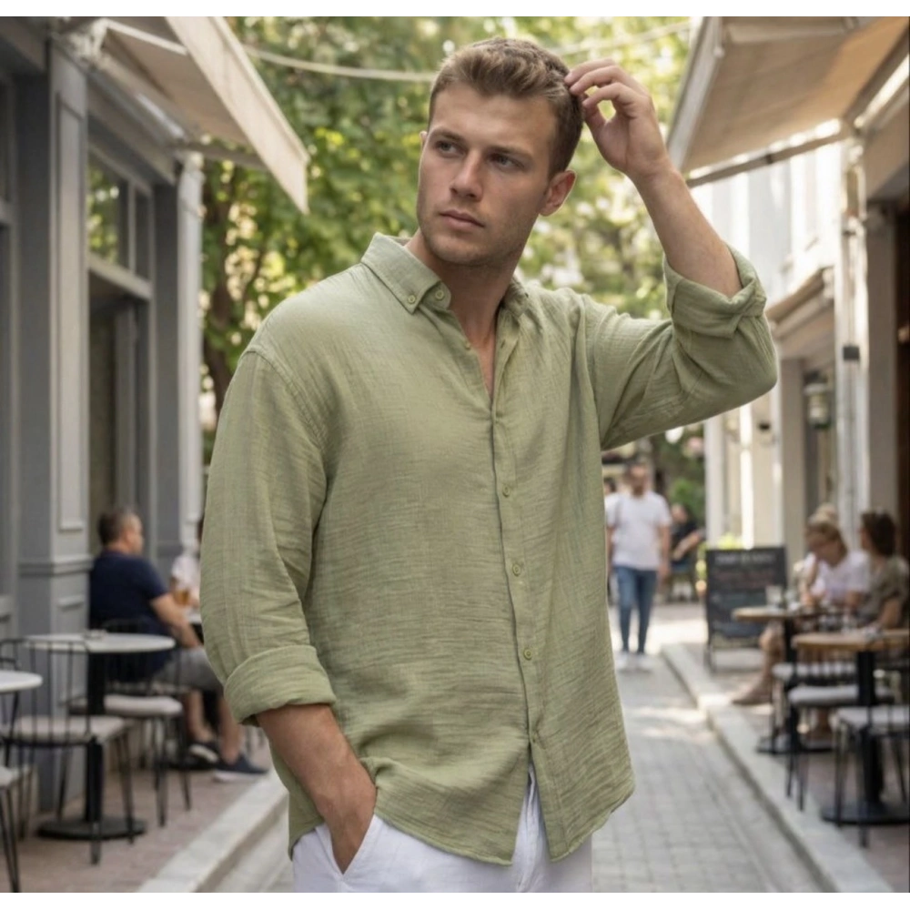 Erkek Yeşil Keten Gömlek