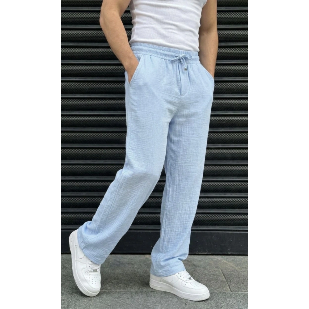 Erkek Açık Mavi Keten Pantolon