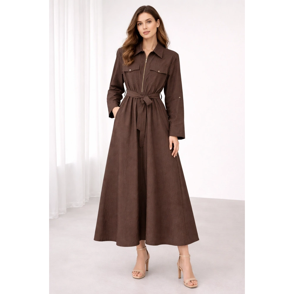 Kadın Kahverengi Uzun Kollu Elbise