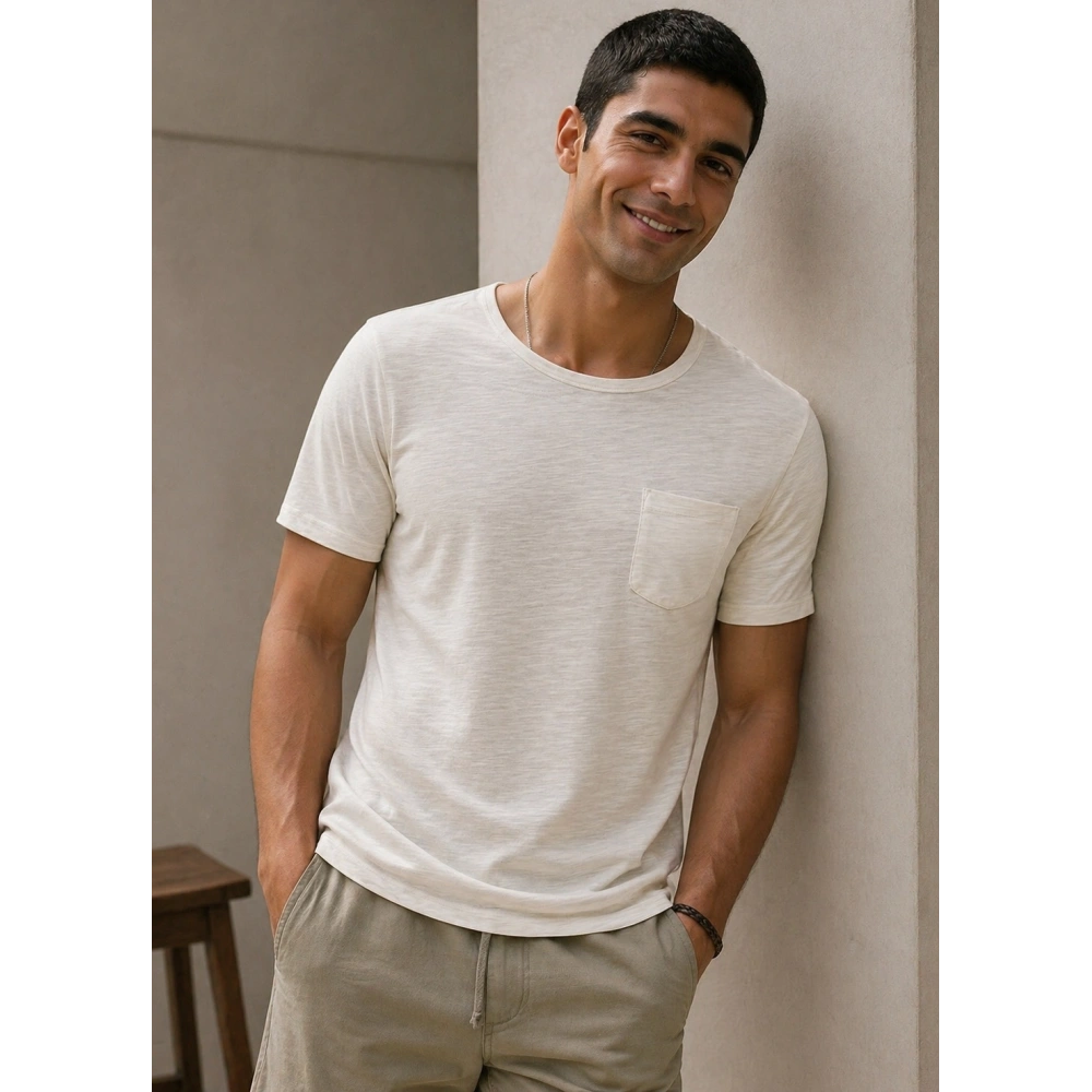 Erkek Basic Yuvarlak Yaka Kırık Beyaz Tshirt