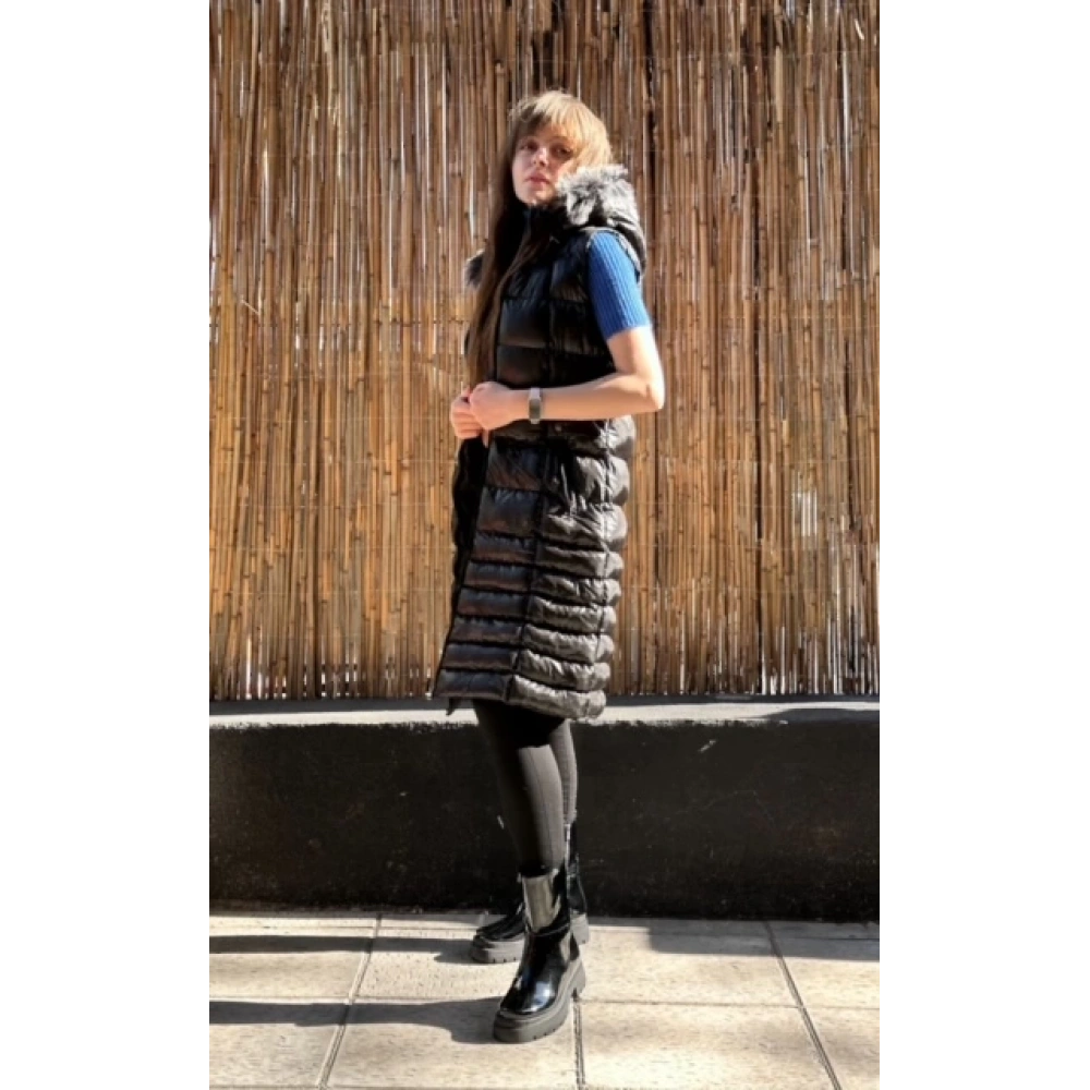 Kadın Parlak Siyah Uzun Şişme Yelek