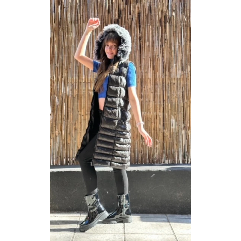 Kadın Parlak Siyah Uzun Şişme Yelek