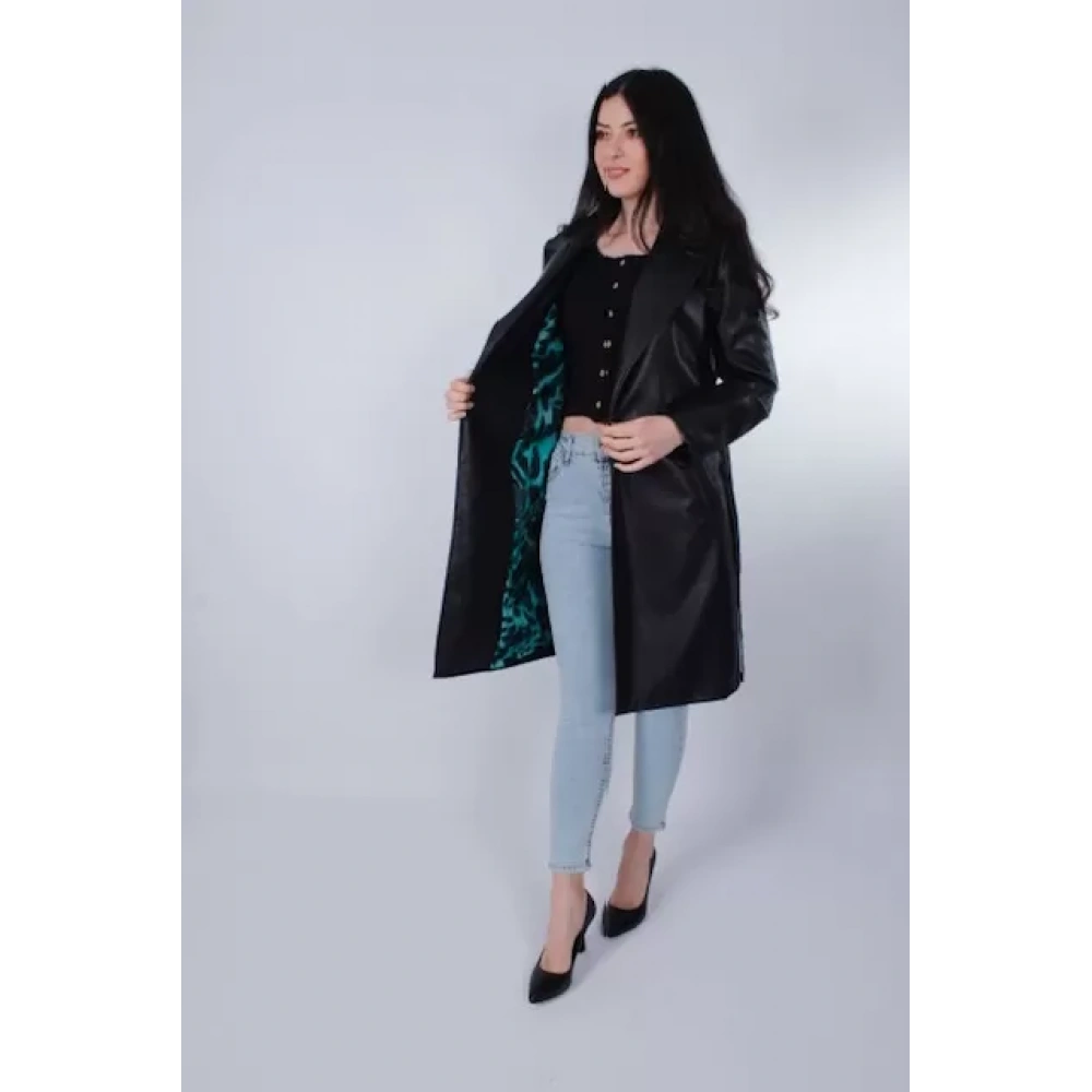 Elisabeth Renkli Astarlı Siyah Deri Trençkot