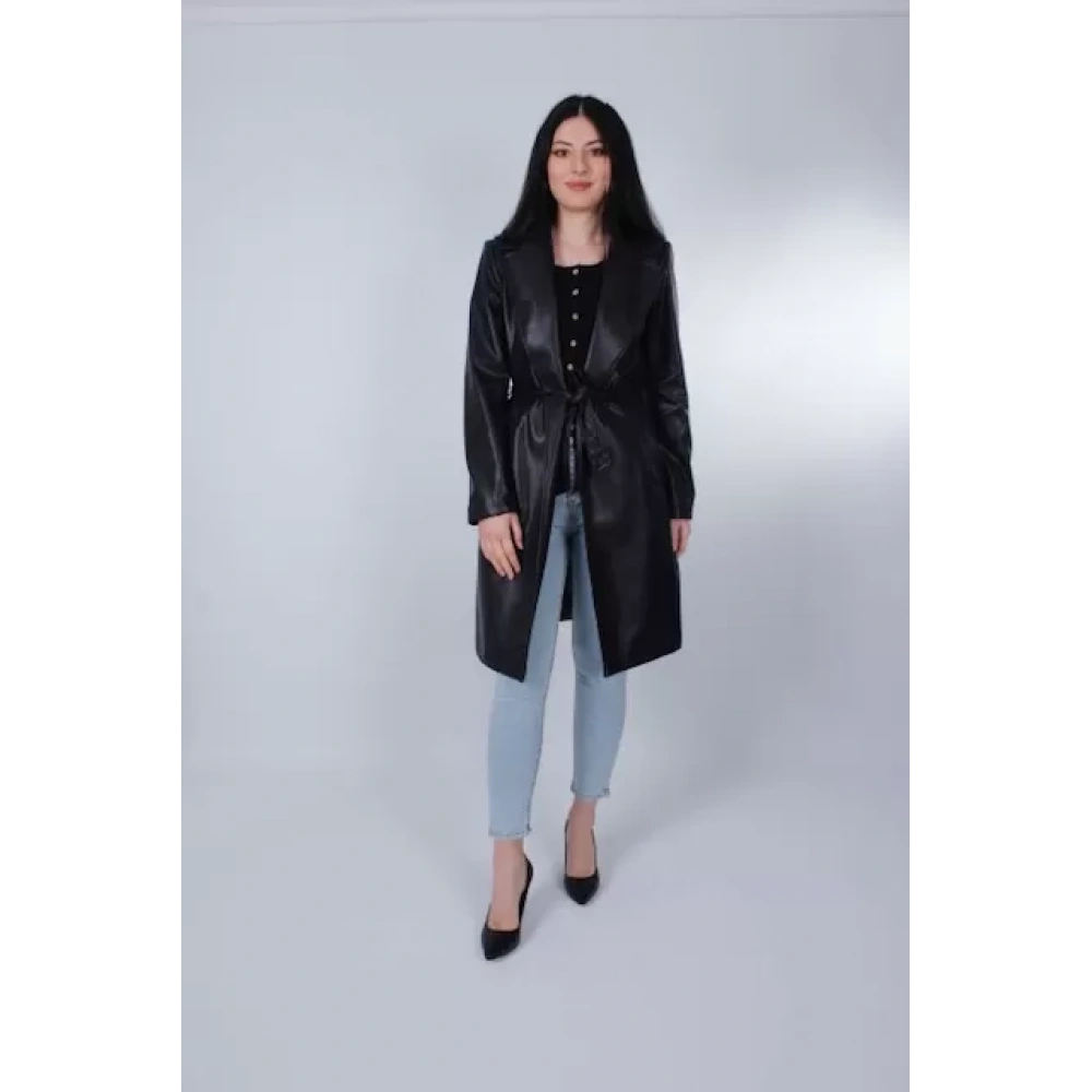 Elisabeth Renkli Astarlı Siyah Deri Trençkot