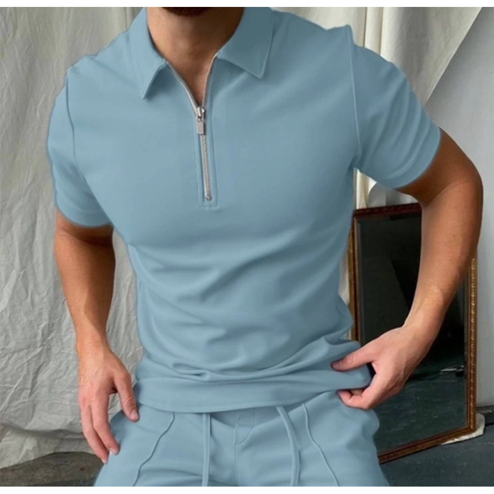 Erkek Açık Mavi Fermuar Detaylı Tshırt & Şort Takım