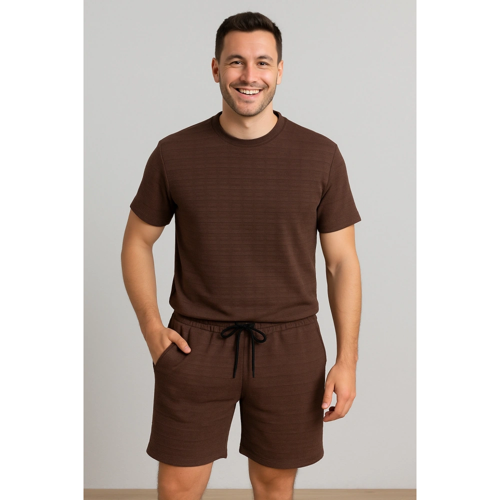 Erkek Kahverengi Tshırt & Şort  Triko Takım